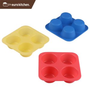 ユーロキッチン eurokitchen シリコンモールドミニ 4カップマフィン 3点セット (赤、青、黄各1色入) マフィン型【ソープモールド/手作り石鹸/ソープ型/キャンドル型】
