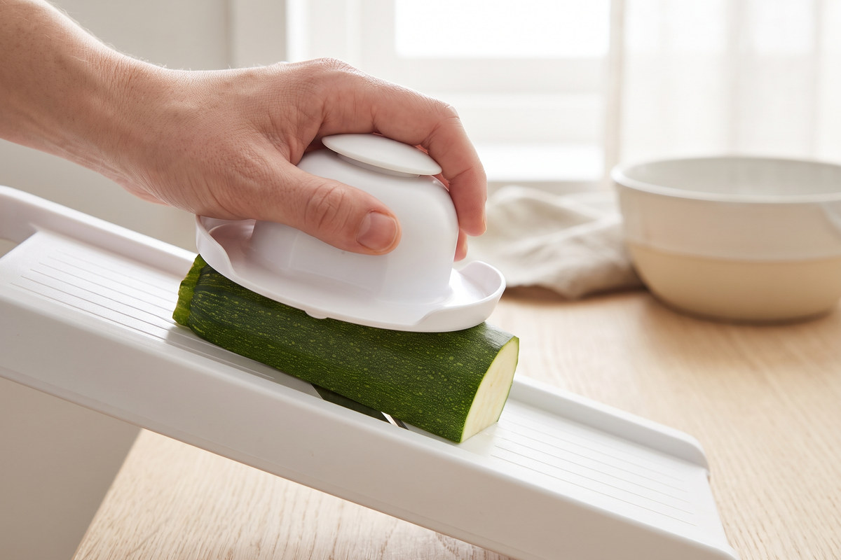 安全ホルダーで野菜を押さえてスライスしている手元（イメージ）