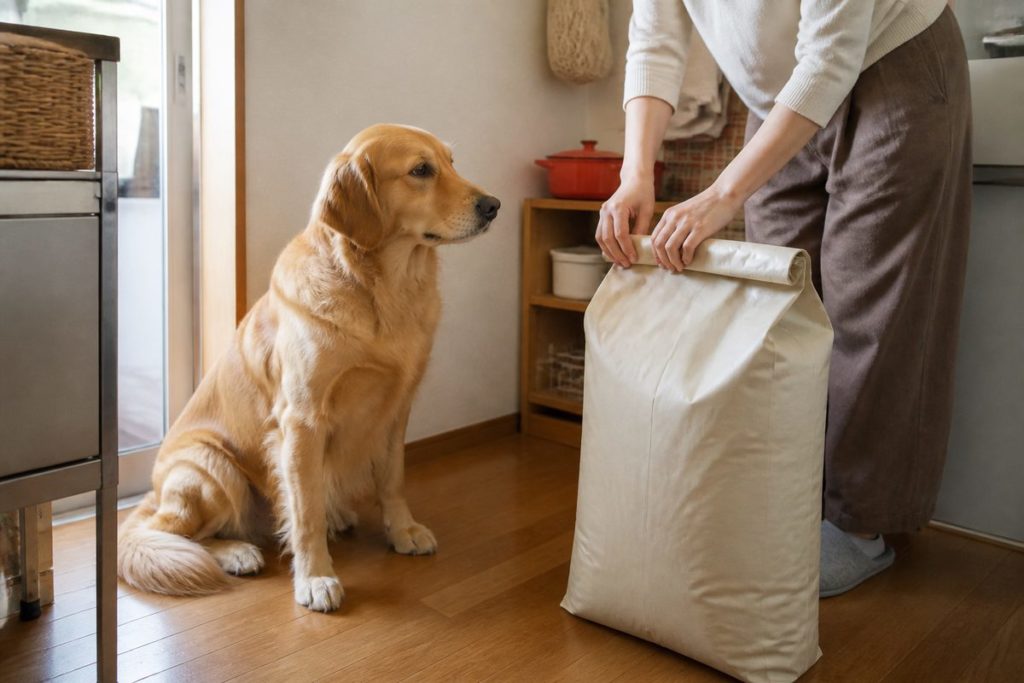 大型犬のそばで、大きなドッグフード袋の口を折りたたむ様子