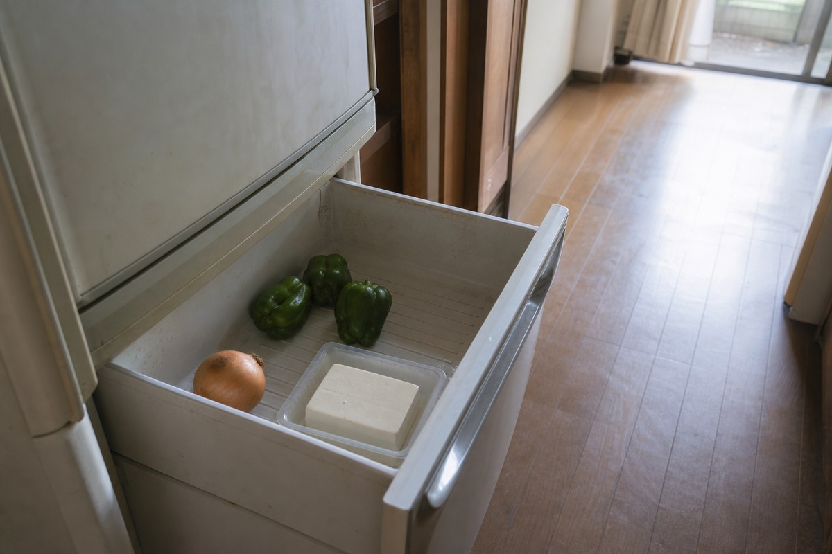 半分開いた冷蔵庫の野菜室。ピーマンと玉ねぎ、豆腐が入っている