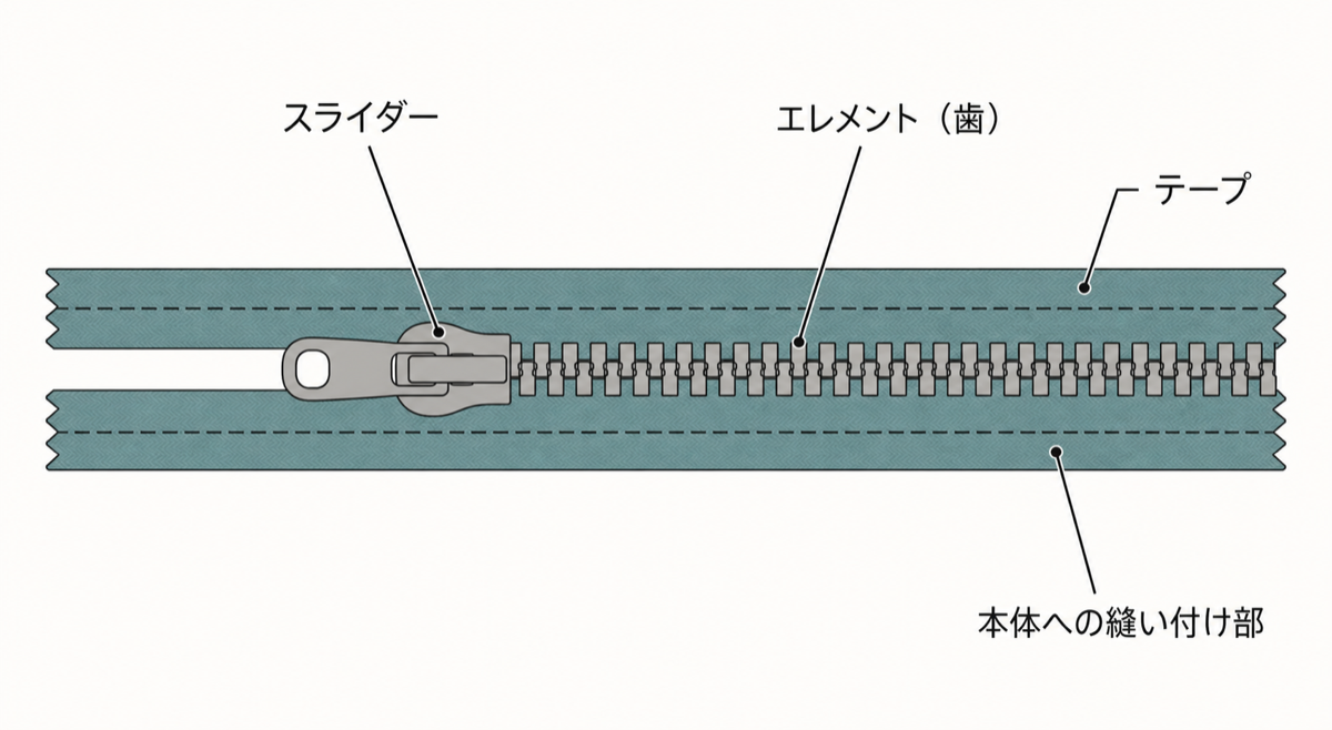 ファスナーの4つの部位を示した図。スライダー、エレメント(歯)、テープ、本体への縫い付け部にそれぞれ日本語のラベルが付いている
