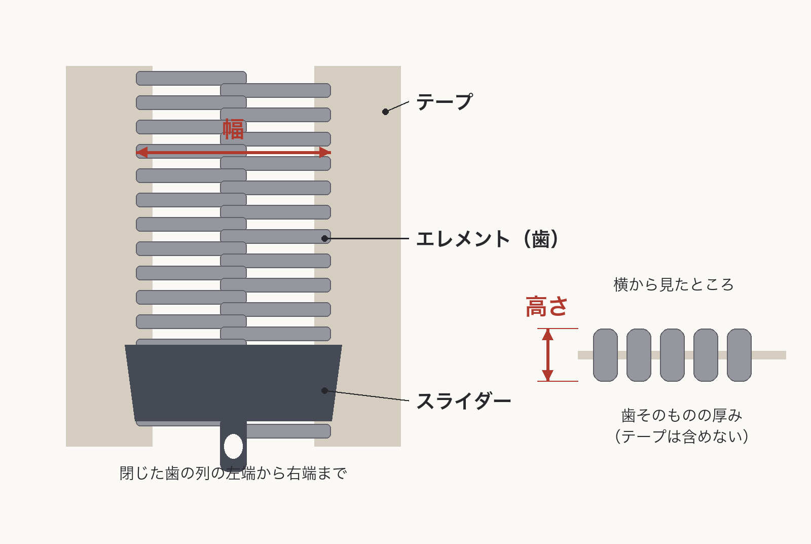 ファスナーのスライダー、エレメント（歯）、テープの位置と、エレメントの幅・高さの測定位置を示した図