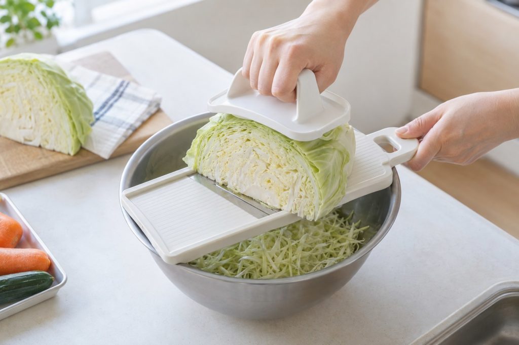 ボウルの上に渡した野菜スライサーで、半分に切ったキャベツを樹脂製の安全ホルダーで上から押さえて切っている手元