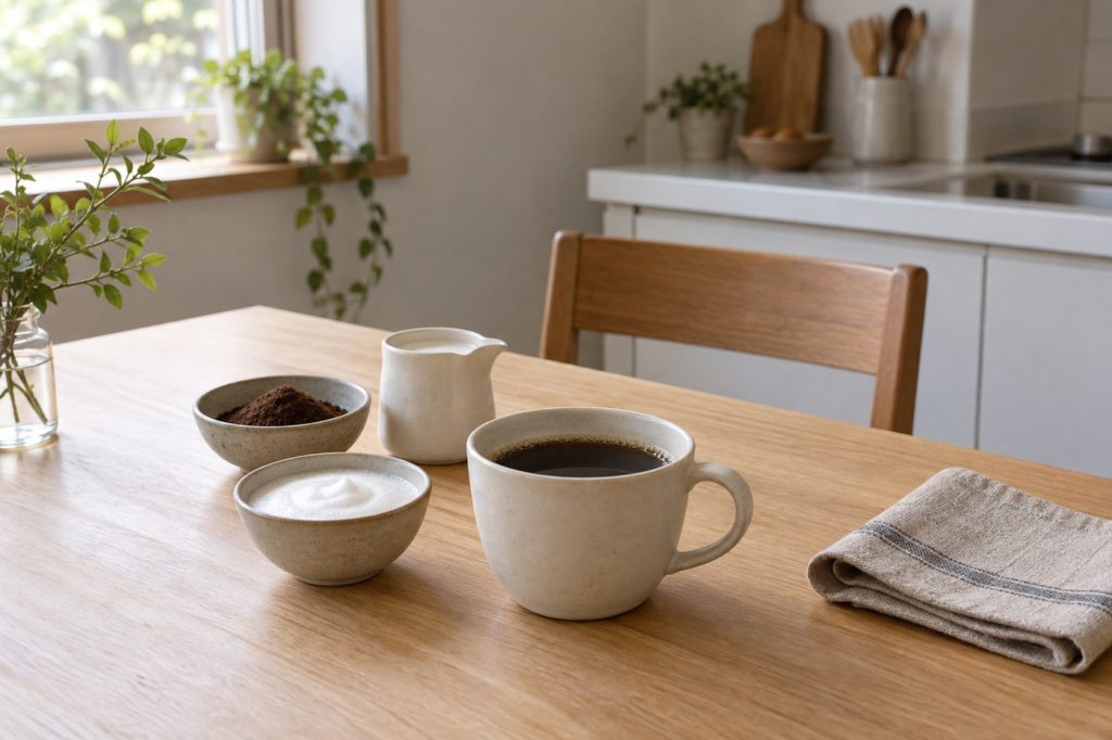 食卓に置かれた一杯のコーヒー、コーヒー粉、牛乳と泡立てたミルクの小鉢（イメージ）