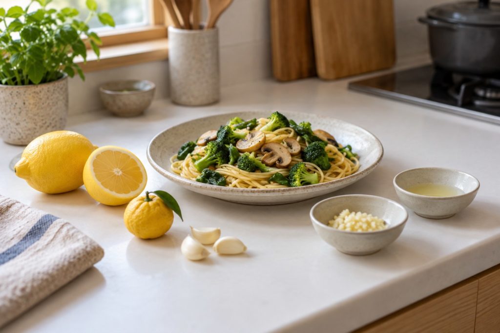 柑橘とにんにく、果汁と刻みにんにくの小鉢を添えたパスタのある日本の台所