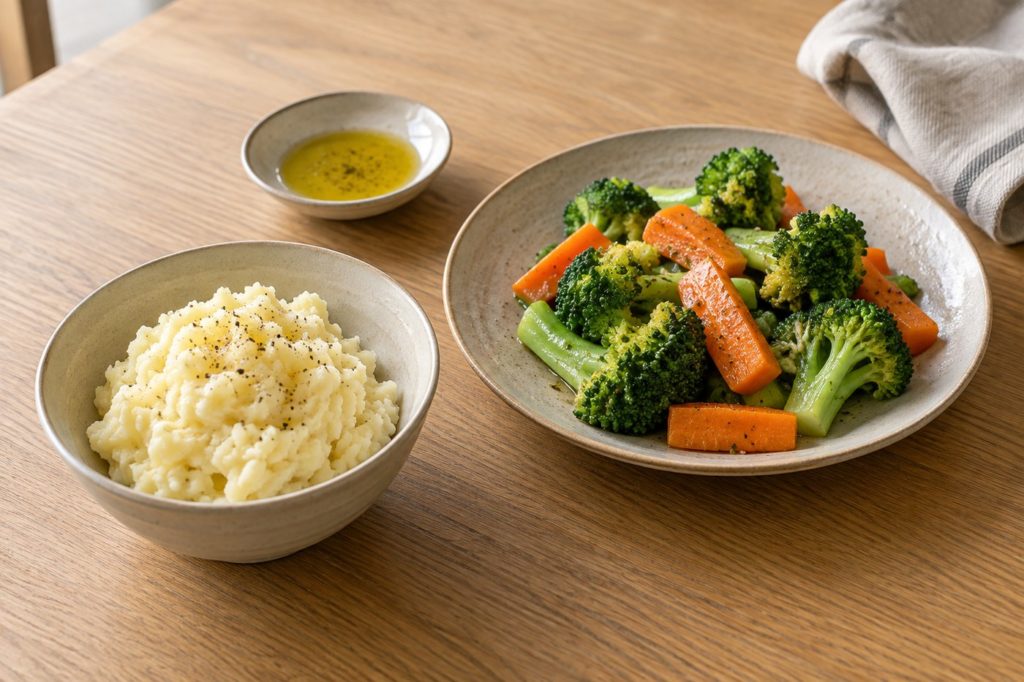 木の食卓に並んだマッシュポテトと温野菜、油の小皿（イメージ）